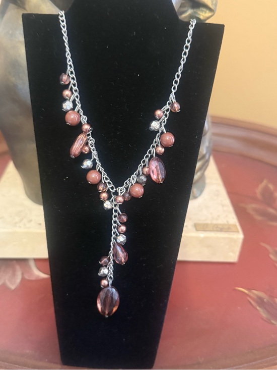 Jewelry - Beaded Drop Necklace - Brown Crystal & Hematite Accents